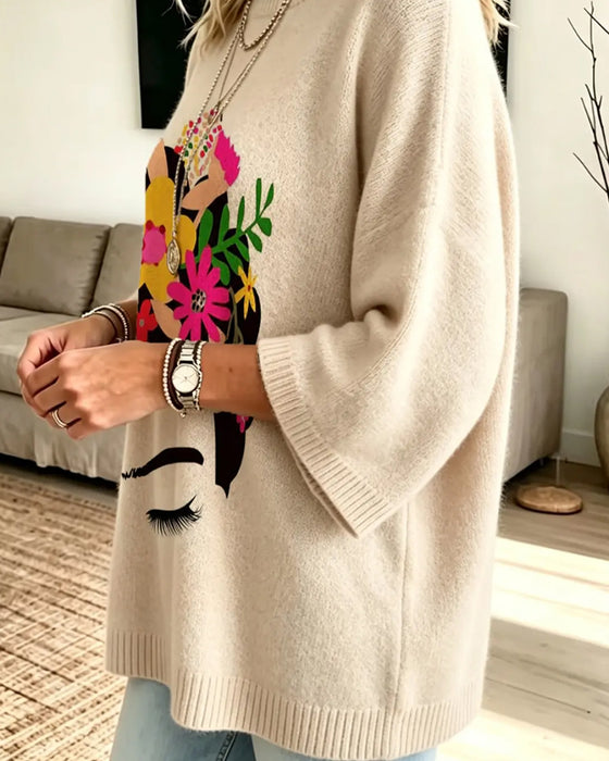 Coupe Loose Visage Imprimé Floral Pullover