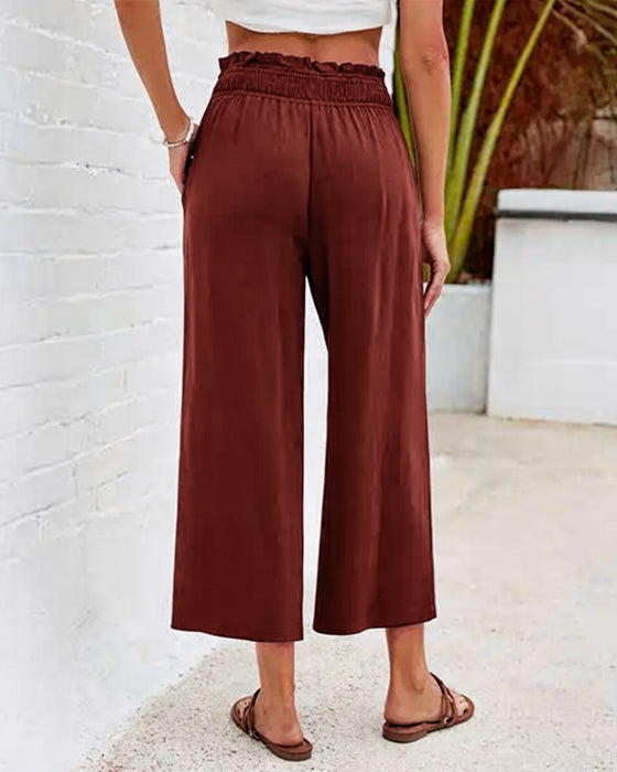 Pantalon Volant Taille Haute Large Jambe Racourci