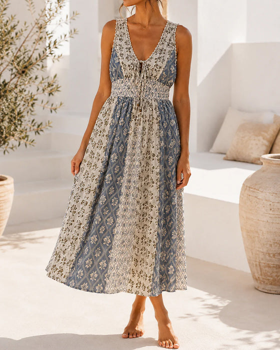 Robe Sans Manches Imprimé Fleuri Ceinture Taille