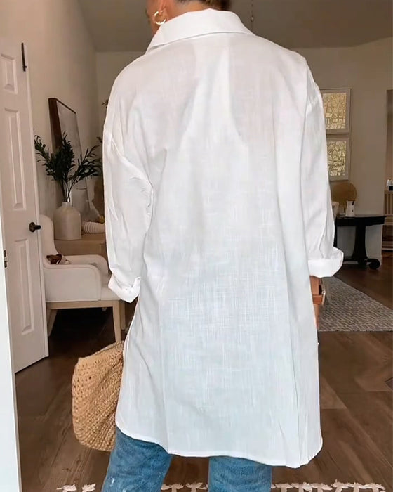 Blouse Col En V Bouton Unie Lâche
