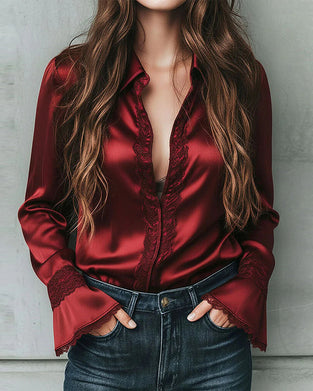 Blouse Satin Dentelle-Insérée Revers