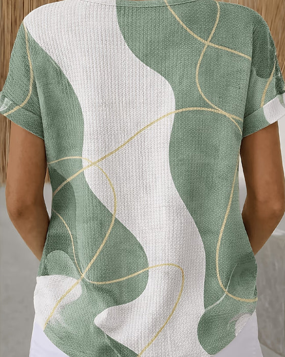 Blouse À Col Rond, Boutons, Lignes Contrastées