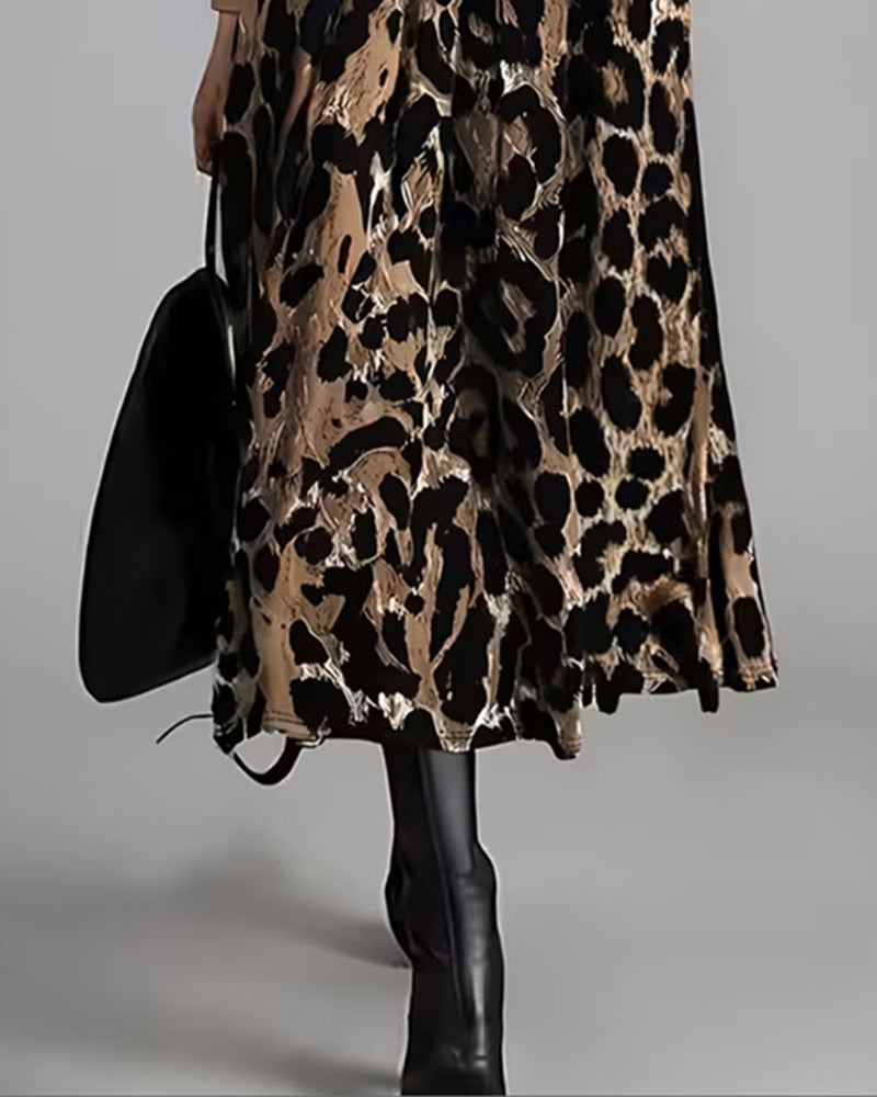 Robe Col Rond Léopard Jupe Ample