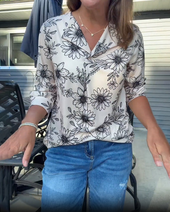 Blouse Encre Lavage Florale Trois Quarts Revers