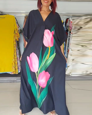 Robe longue fendue col V imprimé fleuri