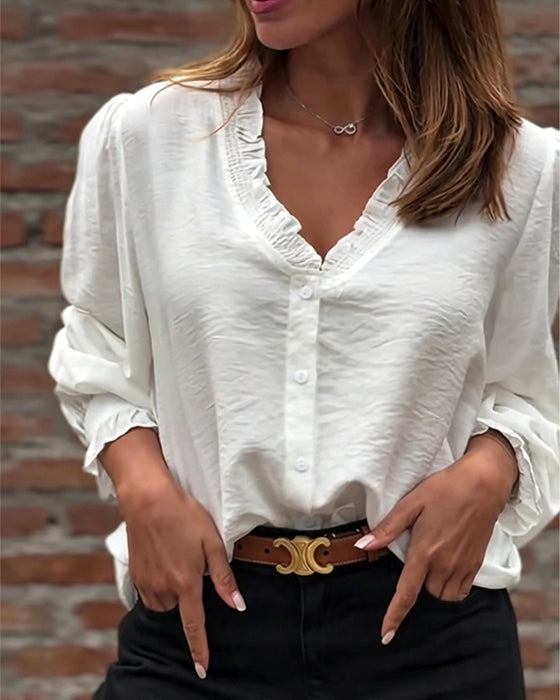 Blouse Col En V Bouton Devant Volant Manches Ballon