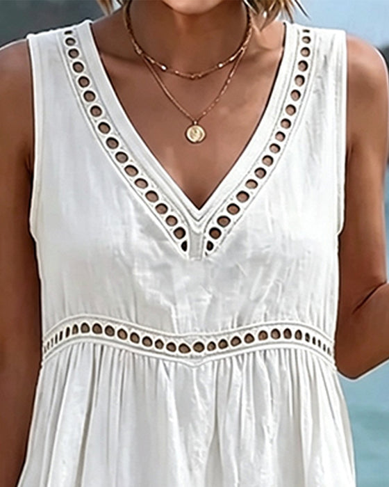 Robe Col V Découpe Sans Manches Unie