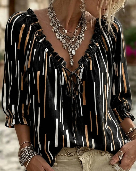 Blouse Col V Volant Garniture Rayure
