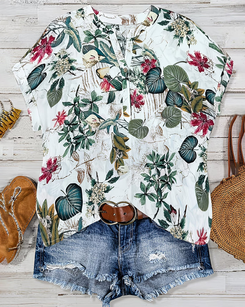 Blouse Col En V Imprimé Botanique Décontractée