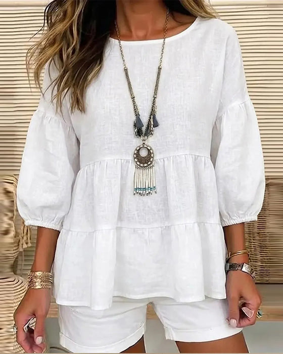 Blouse Col Rond Baby Doll Lanterne Manche Moyenne