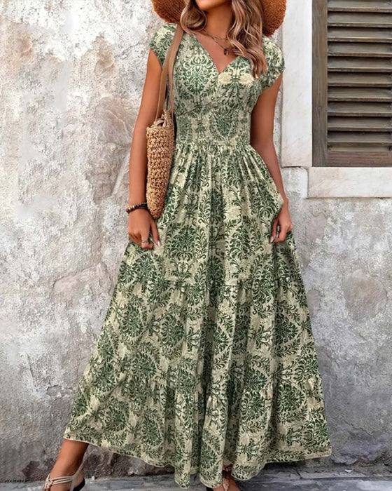 Robe Rétro Imprimé Col En V Taille Cintrée Longue