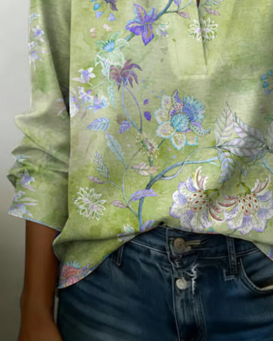 Blouse Col Monté Manches Longues Fleuri