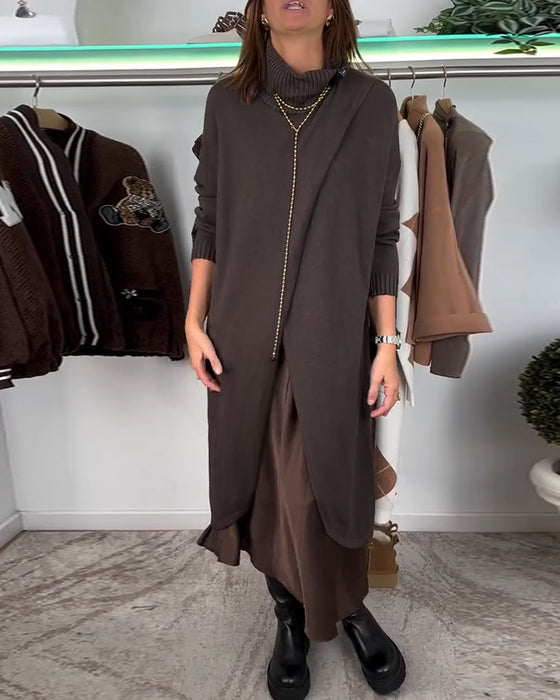 Pull tendance couleur unie à col montant et fente