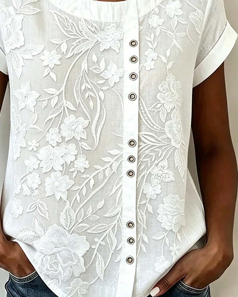Blouse Fleurie Bouton Col Rond Manches Courtes