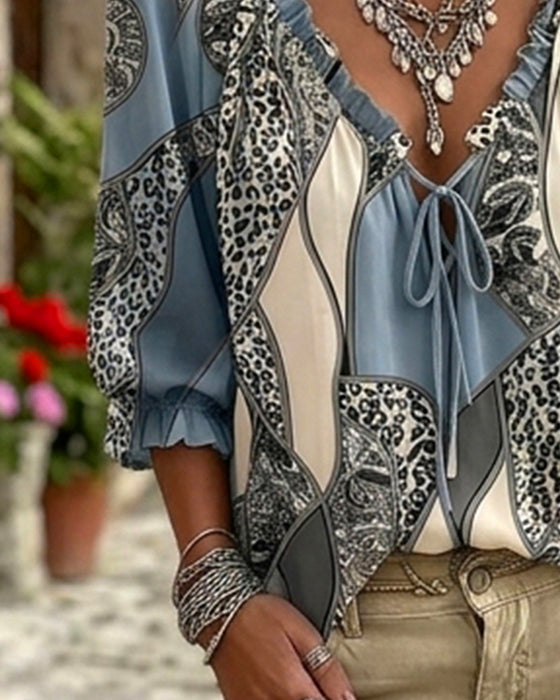 Blouse Col En V Léopard Manches Ballon Attacher