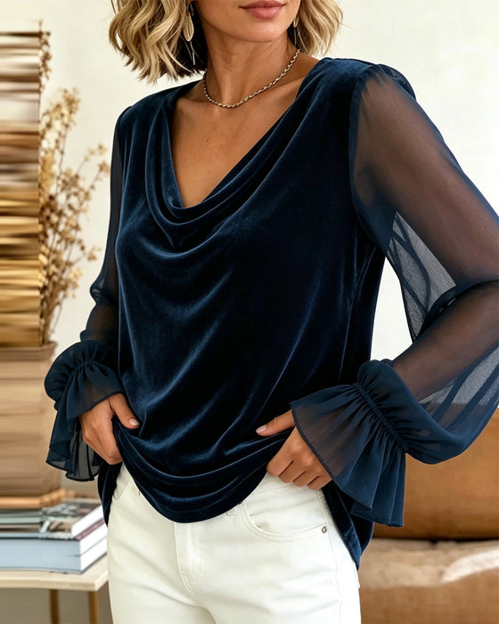Top Velours Col Cowl Transparent Manche Lanterne