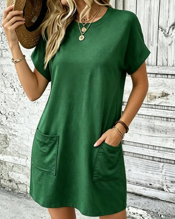 Robe Col Rond Double Poche Unie Décontractée