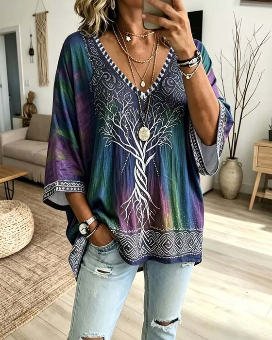 Blouse Col V Ombre Bloc De Couleur