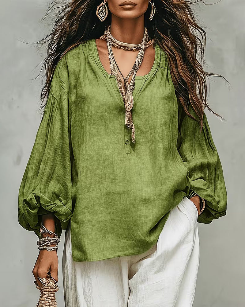 Blouse Décontractée Manche Lanterne Unie Coupe Loose