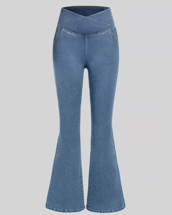 Pantalon Haute Élasticité Mode Poche Évasé