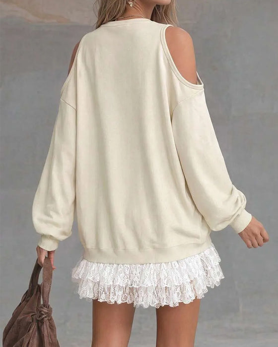 Robe Cold Shoulder Manche Lanterne Dentelle Patchwork