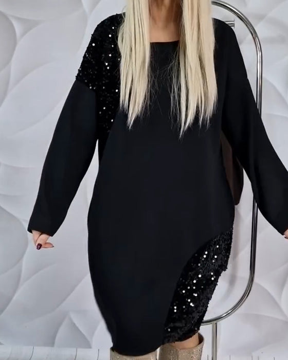 Robe Col Rond À Paillettes Patchwork