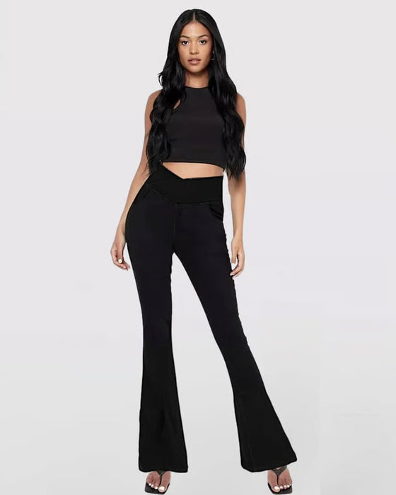 Pantalon Haute Élasticité Mode Poche Évasé