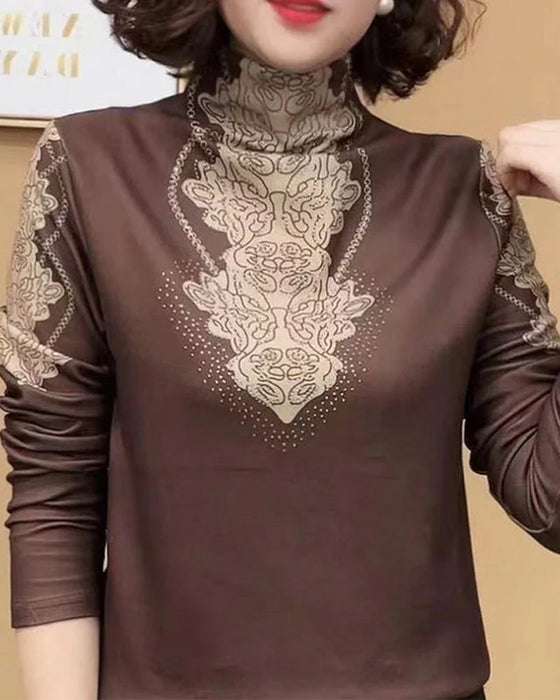 Haut Élégant Imprimé Cintré Femme Col Montant