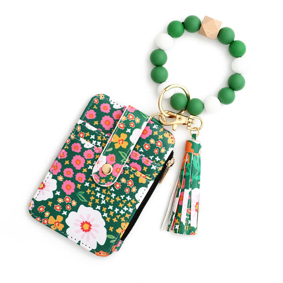 Petit Porte-Monnaie En Cuir Floral Avec Porte-Clés Et Bracelet