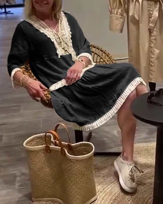 Robe décontractée à franges et col en V en dentelle