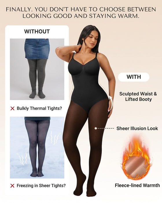 Panneau Transparent Avec Collant Doublé Polaire Stay-Warm Contrôle Du Ventre Effet Transparent Collant Bodysuit Noir Basique