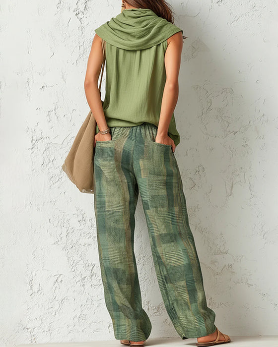 Ensemble Haut Sans Manches Carreau Jambe Large Pantalon