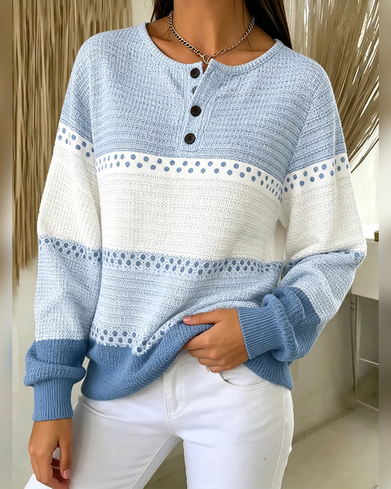Sweatshirt Bloc De Couleur Tricot Gaufré Henley Pullover