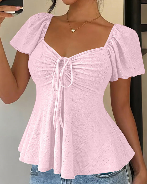 Blouse Ajourée Cordon Manches Courtes Unie