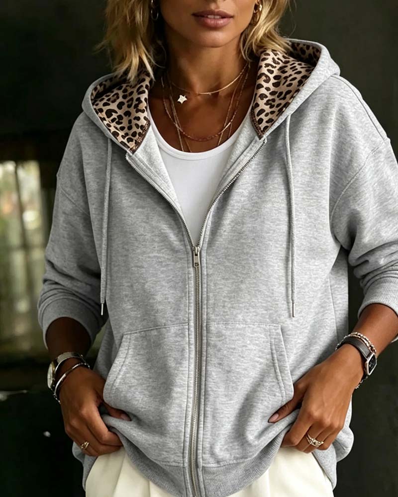 Manteau Capuche Imprimé Léopard Poche Fermeture Éclair