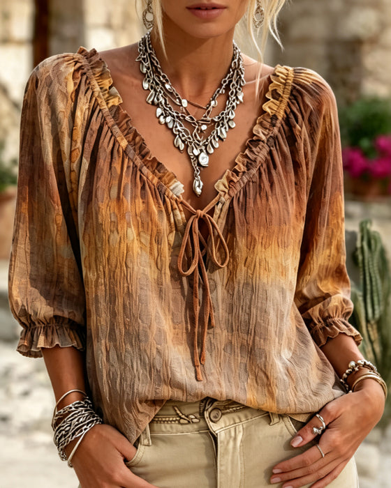 Blouse Col-V Dégradé Lacets