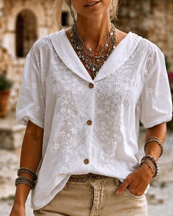 Blouse Revers Bouton Tridimensionnelle Fleurie