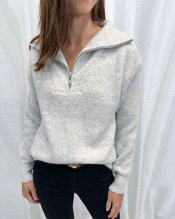 Pull décontracté de couleur unie avec fermeture éclair à revers