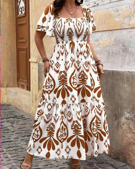 Robe Bleu Porcelaine Col Carré Imprimé Maxi
