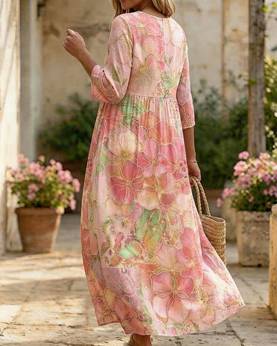 Robe Aquarelle Florale Manche Trois Quarts Jupe Ample Maxi