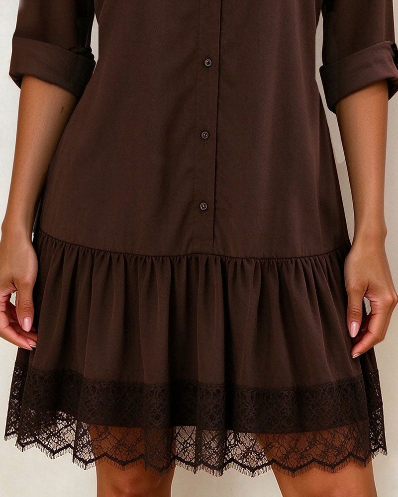 Robe Col Montant Patchwork Bordure En Dentelle