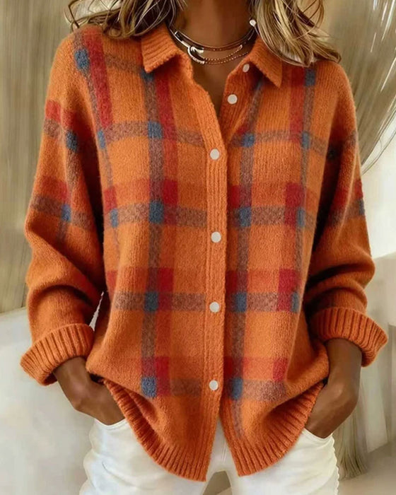 Cardigan À Carreaux Col De Chemise Boutonné