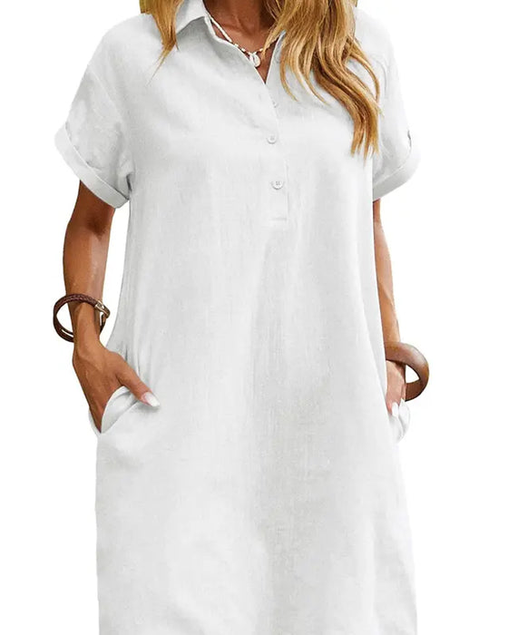 Robe Col Bouton Fente Manches Courtes Décontractée