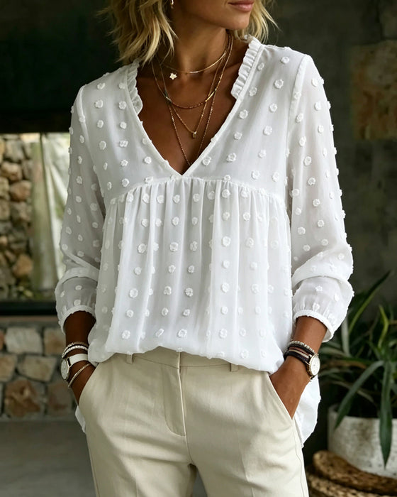 Blouse Col V Manche Longue Plissée