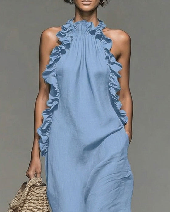 Robe Col Nuque Volantée Longue