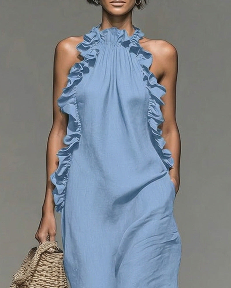 Robe Col Nuque Volantée Longue