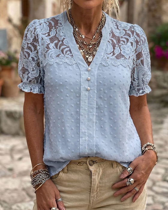 Chemisier Dentelle Patchwork Manche Bouffante Col V