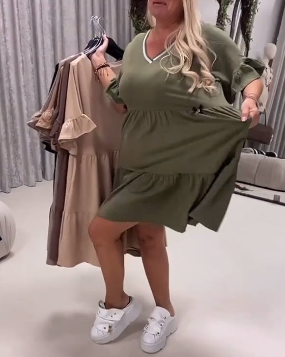 Robe Col En V Manche À Volants Coupe A
