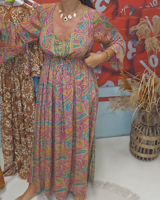 Robe Col V Manche Évasée Décontractée