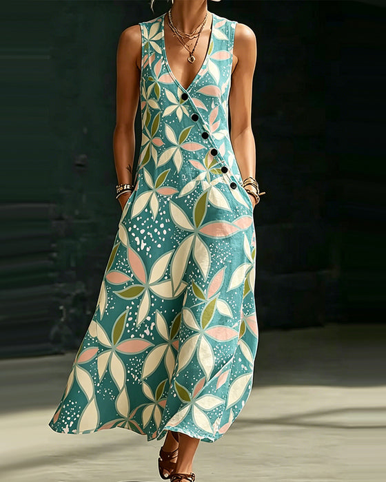 Robe Asymétrique Bouton Col V Sans Manches